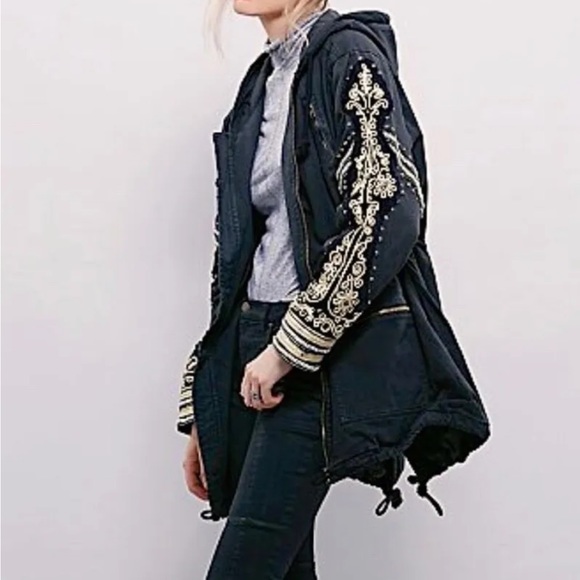 Free People Military Quills Golden Jacket Hood Embellished Black Gold - Picture 4 of 8